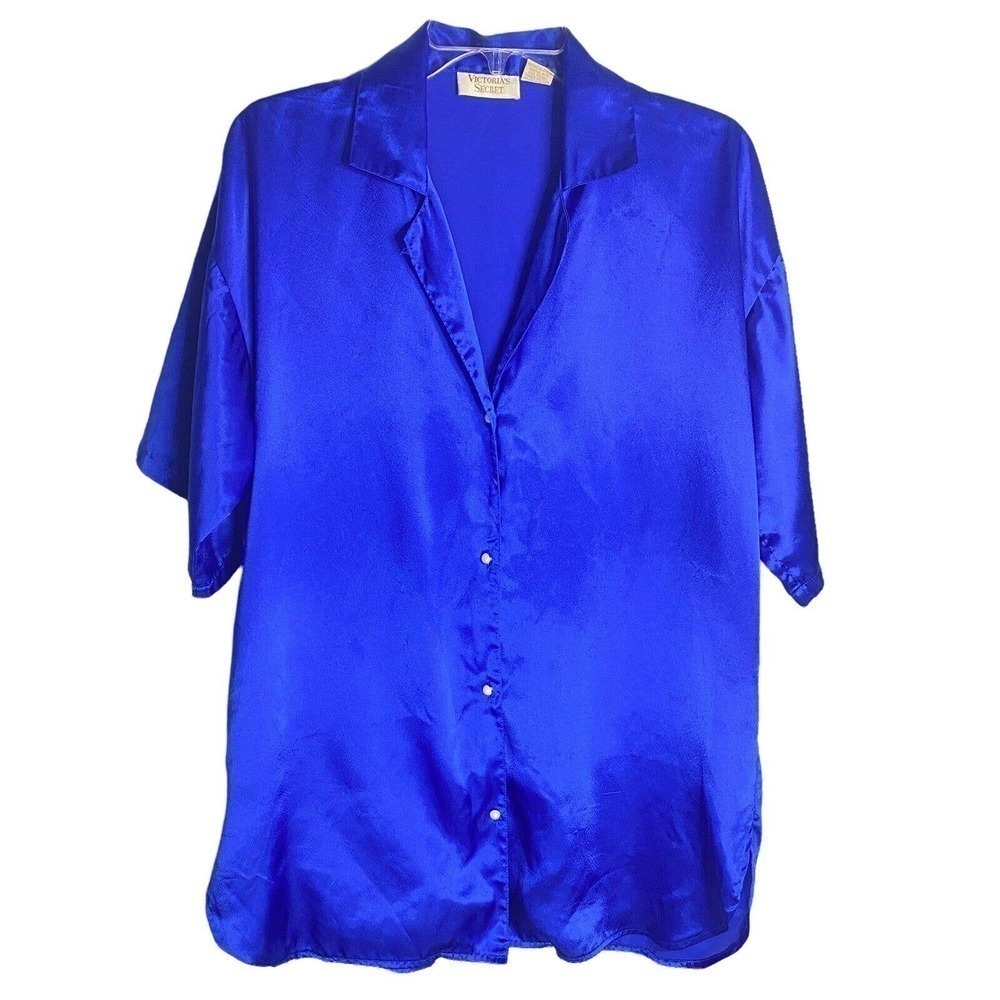 Vintage Victoria’s Secret Gold Label Satin Polyester Blue Button Up Shirt Small